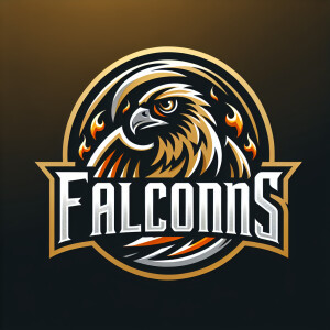 Logo,named falcons ,color gold and silver, falcons text and fire