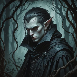 In the dimly-lit forest, an ominous gothic elf looms, his featur...