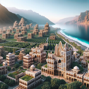 Yemeni architecture with some coffee farms, sea and mountains in...