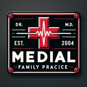 Design a professional medical sign with a black background, acce...