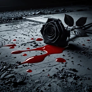 Black rose strewn onto cement and red blood fallen on the rose a...
