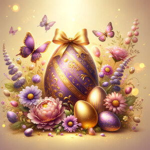 A luxurious and ornate Easter-themed image featuring a large cen...