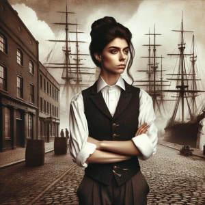 A rebellious woman from the late 1800s stands confidently, dress...