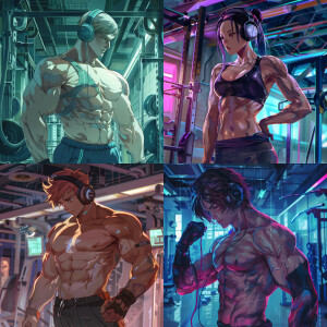 Anime muscle character, wearing headphones a the gym, phonk cove...