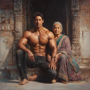 Hyperrealism,sharp painting,A man muscular beefy sweaty doinga y...