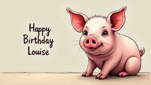 draw a realistic corky pig on a counter and write Happy Birthday...