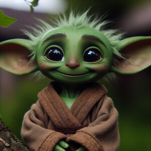 Closeup portrait of Adorable happy baby yoda in a tree