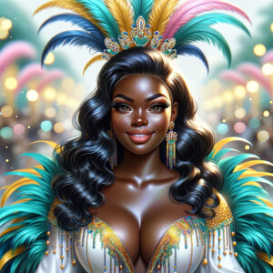 Create a 3-D  vivid full-body view of a colorful glossy hyper-realistic oil painting of a detailed illustration full length photo single image of a beautiful African-American caramel skinned woman plus sized, with long, black, wavy hair, her make up is airbrushed and flawless, she is dressed in a white, teal and yellow large, elaborate, elegant, very detailed carnival costume with colorful African-American pink, blue, gold yellow green feathers, flawless makeup, prominent lashes, black peep toe heels, white pixie hair, background bokeh, she is stunning and smiling, digital art.