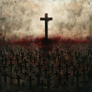 مئات الصلبان الصغيرة يتوسطها صليب كبير مخضب بالدماء