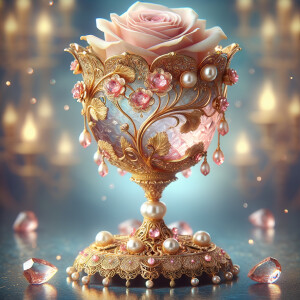 A fantastical and ornate golden goblet cradles a single, delicate pale pink rose. The goblet is adorned with intricate gold filigree work and studded with pearls, evoking a sense of royal luxury. The vessel's edges have a translucent pink enamel inlay that creates the illusion of a blooming flower holding the rose within its petals. Pink quartz stones add a touch of mystical allure to the stem and base, which are designed with a lace-like gold pattern, giving the impression of a treasured artifact from a fairy tale. The goblet is positioned against a soft-focus background with a gentle blue hue, highlighting its enchanting elegance.