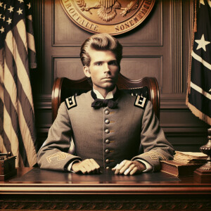 Donald trump wearing a confederate uniform, sitting behind a des...