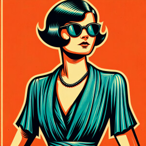 A retro 1920 illustration of an American woman with sunglasses a...