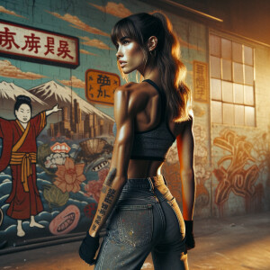 Athletic Thin skinny Attractive, Asian teenage girl, long brown hair and bangs, wearing tight skinny jeans and a halter top paint marks on her clothing, heroic pose Asian graffiti background, backside view