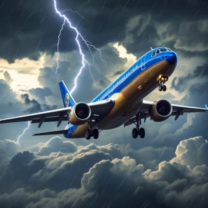 Blue and gold airplane taking off in stormy weather. Lightning a...
