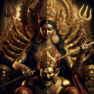 portrait of angry looking goddess durga sitting on a gold crown...