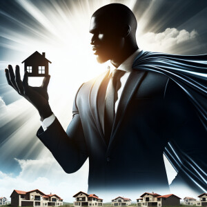 An image of black Superman that is a business suit with a cape a...