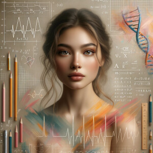 Abstract, minimalist, painting, with pencil line, paint stroke, gestures, colorful marks, mathematical equations, electrical cardiogram, printouts complex math formulas, dna asian teen girl