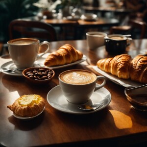Caffe in nice table with croissants in the table with butter bes...