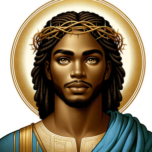 Create a beautiful African-American Jesus Christ with Hazel, brown eyes and blue and gold robe