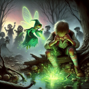 Tinkerbell, hovering menacingly in front of Peter, unleashes a t...