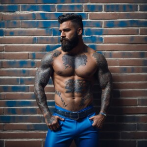 A bearded, muscular man confidently stands with his hands in his...