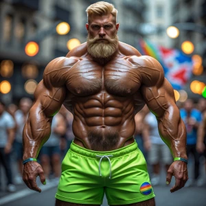 Bodybuilder men with blonde hair and beards wearing neon green s...