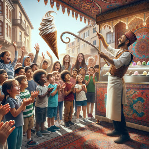 Turkish person doing ice cream tricks for children