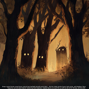 "Draw a serene forest scene at twilight, but with a twist: the t...