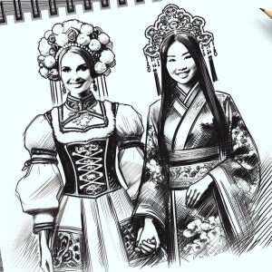 One woman from russia holding hands with one woman from china, b...