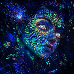 Create an image of a bioluminescent, Aries-themed female figure...