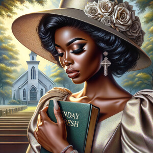 Render an airbrush oil painting of an African American woman with flawless makeup in a
contemplative pose, holding a Bible close to her heart, dressed in an elegant Sunday Best
outfit with a distinctive Church Hat. The background features a peaceful church garden,
with light filtering through the trees, highlighting her spiritual connection and the personal
moment of reflection. The artwork should capture the tranquility of the scene, the beauty
of her attire, and the depth of her contemplation, reflecting a serene and spiritually