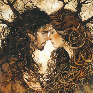 A depiction of a divine feminine with long, brown, curly hair in...