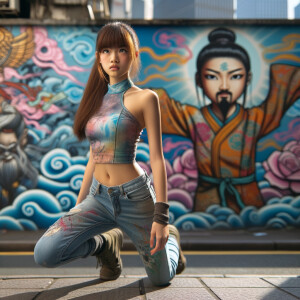 teenage girl, long brown hair and bangs, wearing tight skinny jeans and a halter top paint marks on her clothing, heroic pose Asian graffiti background, nearing on one knee