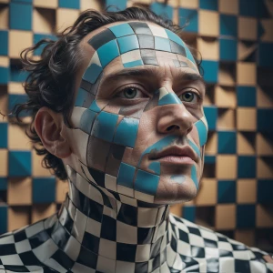 A man's face dissolving into a colorful checkerboard texture, 3D...