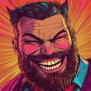 White muscular thin man with beard, big chin, smile and cheekbon...