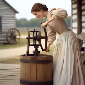 Woman hand cranking ice cream in an original small wooden bucket...