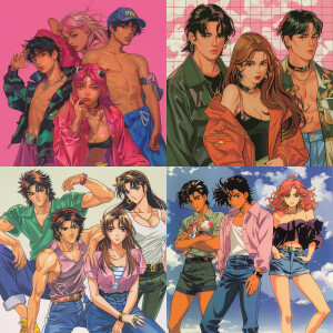 Create a anime 1990's magazine cover of two male and two female...