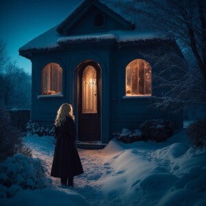 A girl with blonde hair opens the door of a house, looks at a gr...