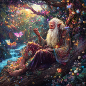 An old man with a kind, wrinkled face and a long, flowing white...