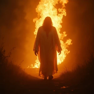 A depiction of God Almighty walking through fire, with His face...