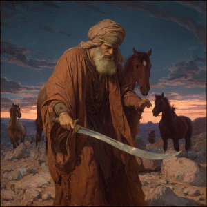 A solemn prophet figure, dressed in brown robes and turban, hold...