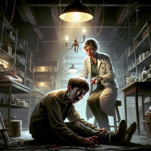 "Create a scene depicting the twenty-fifth frame in the basement...
