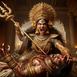 portrait of angry looking goddess durga slaying a weak mahishasur by carrying him in her two arms and stabbing him with her amazingly designed trident. She is wearing gold armor, a huge gold crown, gold saree, abundant  gold jewelry, covered in blood. The scene is set in ancient India. The image is 8K resolution, cinematic, ultra detailed face and epic.