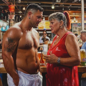 Photorealism,a muscular sweaty beefy man standing and  talking t...