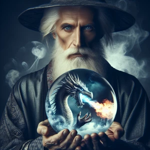 A wizard facing forward holds a crystal ball in his cupped hands...