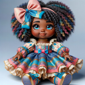 Design a 3-D realistic original African-American Cabbage Patch doll. She has on a blue pink and gold dress with matching booties. She has pink and blue bows in her hair. she lives inside of a colorful dollhouse. She has freckles and big dimples.