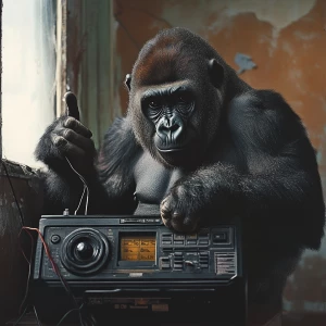 Gorilla pressing a button on a boombox with its finger