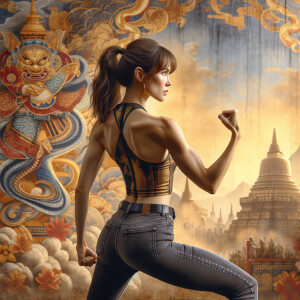 Athletic Thin skinny Attractive, Asian teenage girl, long brown hair and bangs, wearing tight skinny jeans and a halter top paint marks on her clothing, heroic pose Asian graffiti background, backside view