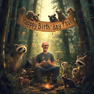 Generate a photorealistic image of a birthday party in a dense f...