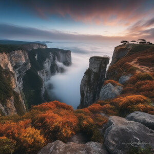 Stunning cliff photography in the morning with fogs under the cl...